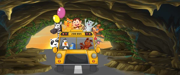 A bus full of animals inside the cave — Stock Vector