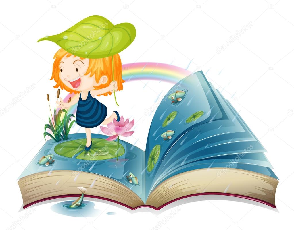A book with an image of a girl at the pond