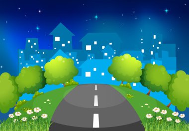 A road at the hill with flowers and trees vector A road at the hill with flowers and trees vector