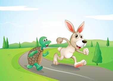 yol boyunca çalışan bir kaplumbağa ve tavşan