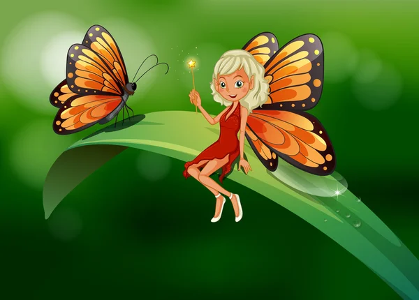 A fairy and a butterfly at the top of a long leaf — Stock Vector