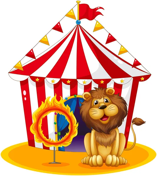 Een leeuw naast een vuur hoepel in het circus — Stockvector