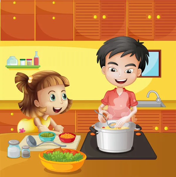 Una niña y un niño en la cocina — Vector de stock