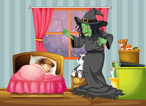 Egy boszorkány nézi a lányt, bent a szobában alszik — Stock Vector