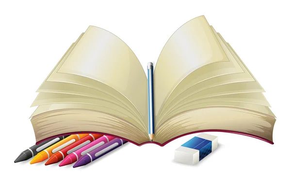 A book with a pencil, an eraser and crayons — Stock Vector