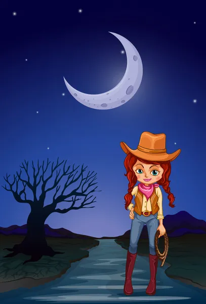 A cowgirl at the road in the middle of the night — Stock Vector