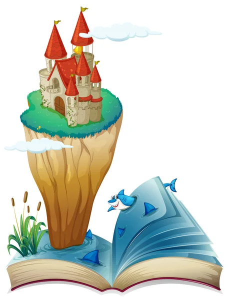 Un libro con una imagen de una isla con un castillo — Vector de stock