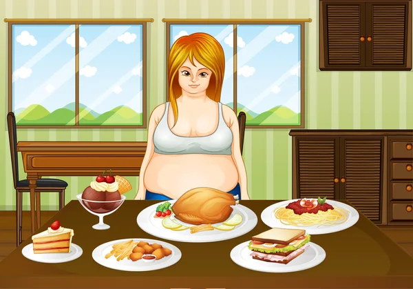 Una señora gorda de pie frente a una mesa con alimentos — Archivo Imágenes Vectoriales