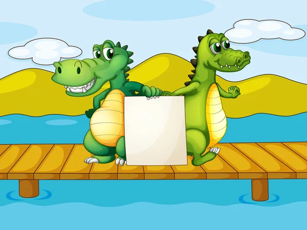 Dois crocodilos segurando uma placa vazia — Vetor de Stock