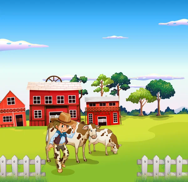 Un cowboy con una mucca dentro la recinzione — Vettoriale Stock