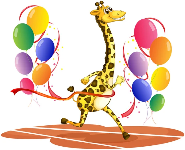 A giraffe running with colorful balloons — Stock Vector