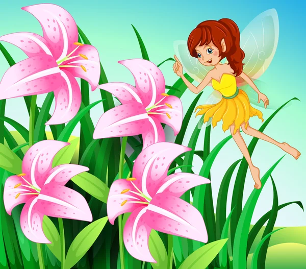 A fairy pointing the pink flowers at the garden — Stock Vector