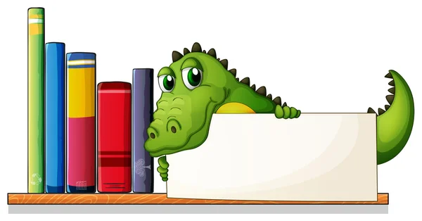 A crocodile holding an empty board above the wooden shelf with b — Stock Vector