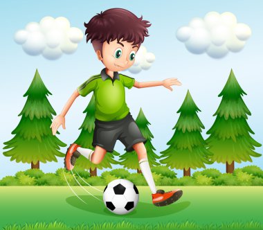 A boy kicking the ball near the pine trees vector A boy kicking the ball near the pine trees vector