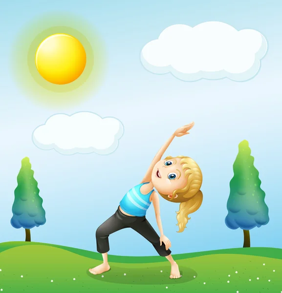 A girl exercising above the hills — Stock Vector