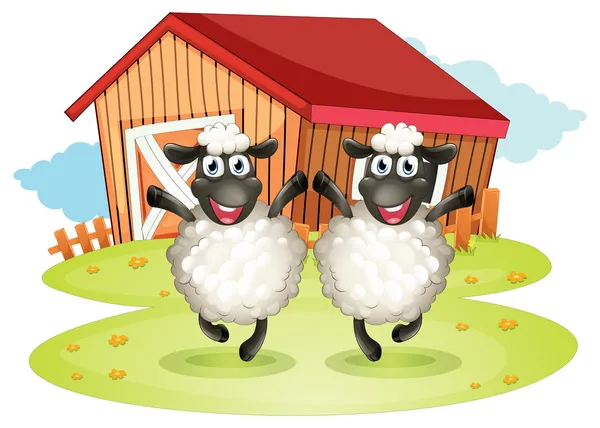 Zwei schwarze Schafe mit einer Scheune im Rücken — Stockvektor
