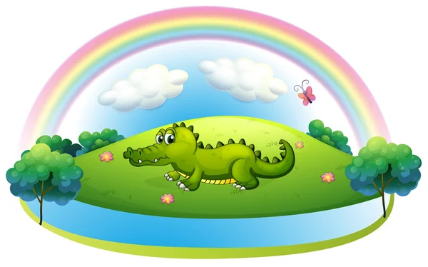 An alligator at the hill with a rainbow — Stock Vector