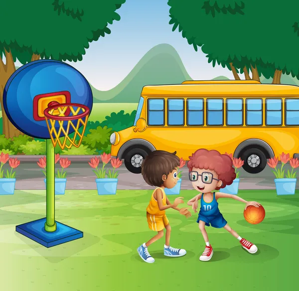 Two boys playing basketball near the school bus Royalty Free Stock Vectors