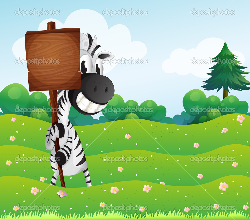 A zebra holding an empty wooden board