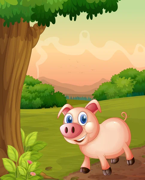 Un maiale sorridente sotto l'albero — Vettoriale Stock