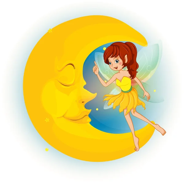 Un hada con un vestido amarillo al lado de una luna dormida — Vector de stock