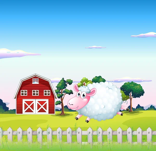 Un mouton dans la clôture avec une grange à l'arrière — Image vectorielle