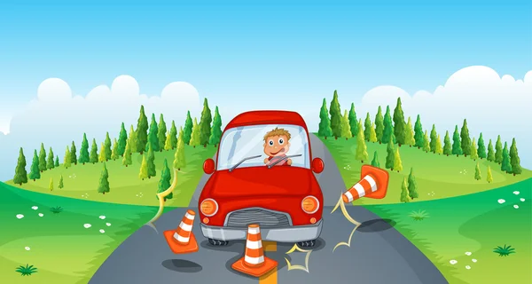 Um carro vermelho na estrada batendo os cones de tráfego — Vetor de Stock