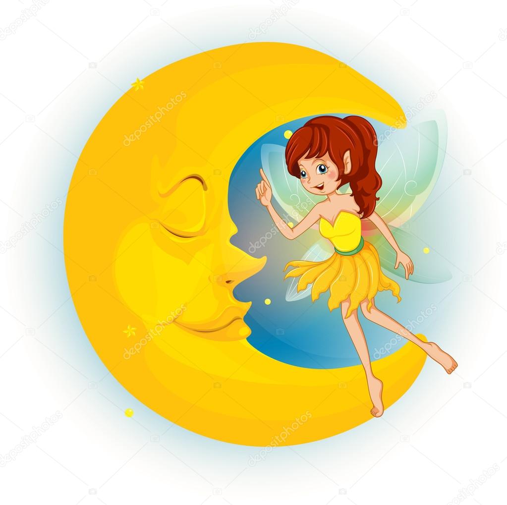 A fairy with a yellow dress beside a sleeping moon