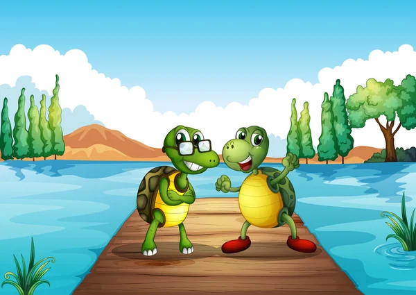 Dos tortugas de pie en el trampolín — Vector de stock