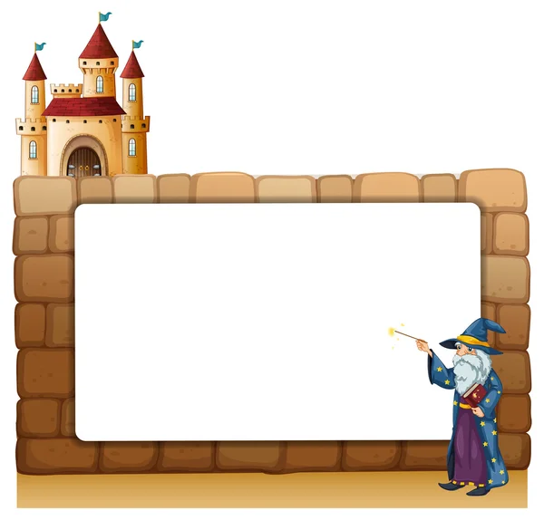 A wizard in front of an empty white signage with a castle — Stock Vector