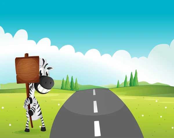 A zebra holding an empty wooden signboard along the road — Stock Vector