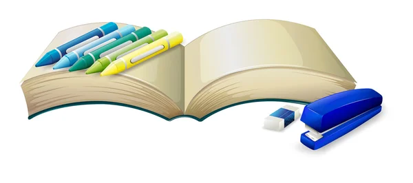 Un libro vacío con lápices de colores, una grapadora y una goma de borrar — Vector de stock