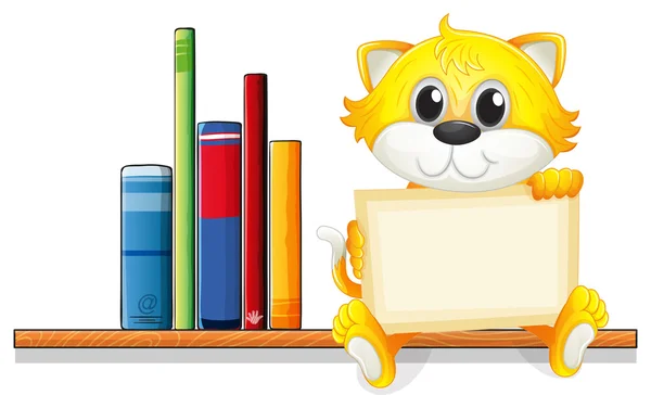 Un gato sosteniendo una tabla vacía sobre el estante de madera con libros — Vector de stock