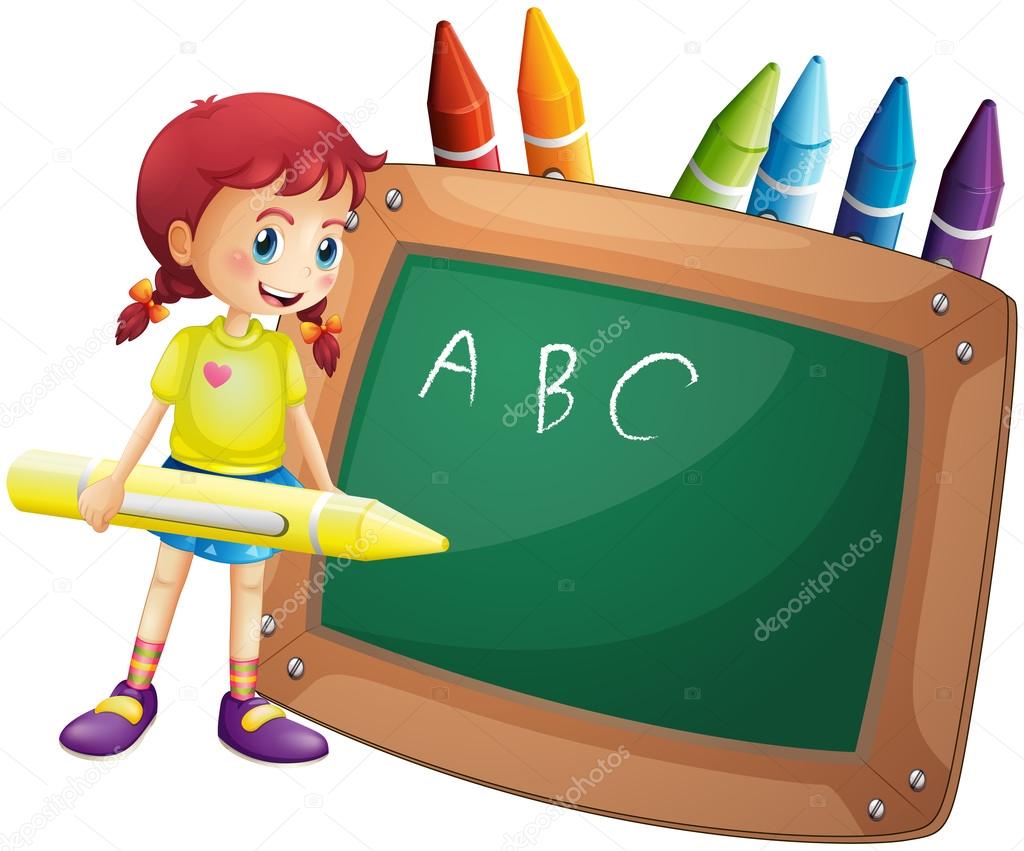 A girl holding a big crayon standing in front of a blackboard