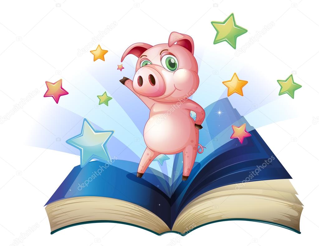 A book with an image of a pig dancing