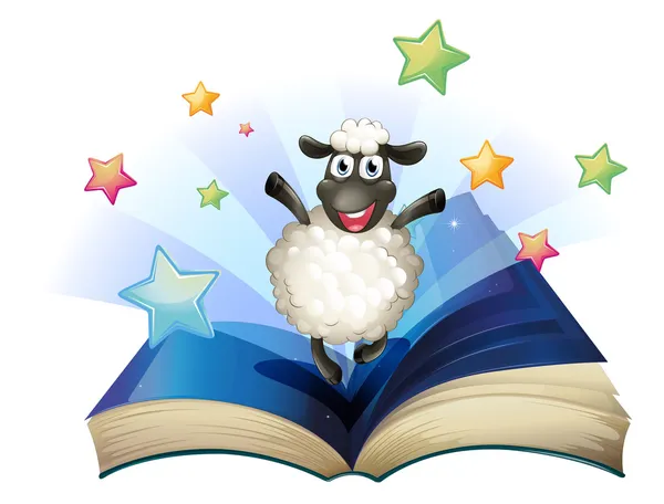 Ένα βιβλίο με μια εικόνα του μια ευτυχισμένη πρόβατα με αστέρια — Διανυσματικό Αρχείο