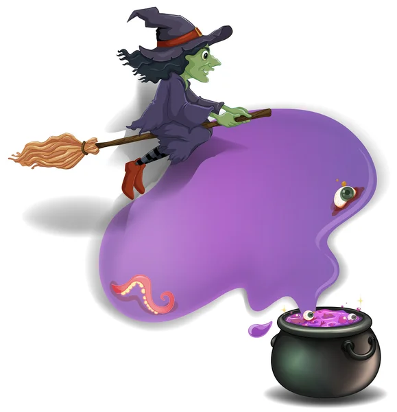 Une sorcière chevauchant sur un balai avec un pot — Image vectorielle