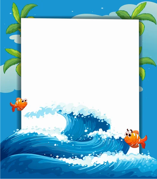 An empty signage along with the big wave and fishes — Stock Vector