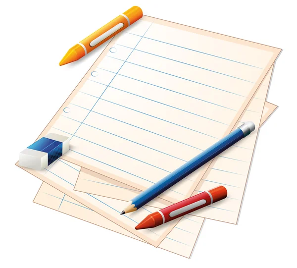 Un papel vacío con lápices de colores, un lápiz y un borrador — Vector de stock