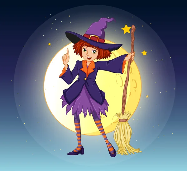 A witch holding a broom standing at the center of a moon — Stock Vector