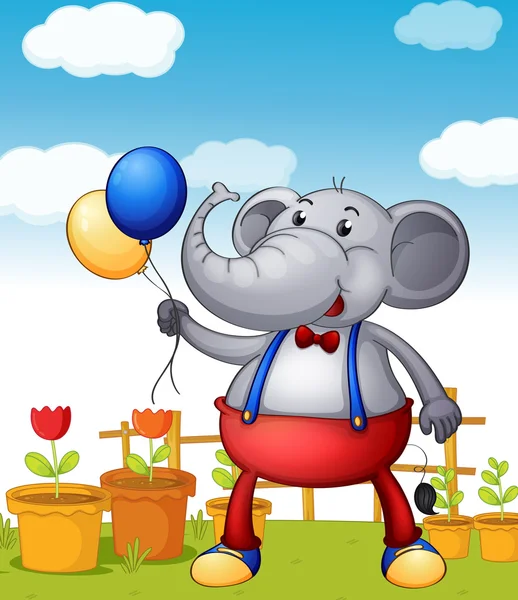 Ein Elefant hält Luftballons mit Blumentöpfen auf dem Rücken — Stockvektor