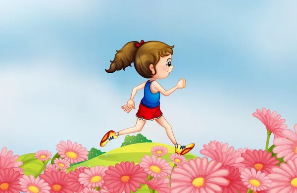 Una ragazza che corre lungo la collina con un giardino — Vettoriale Stock