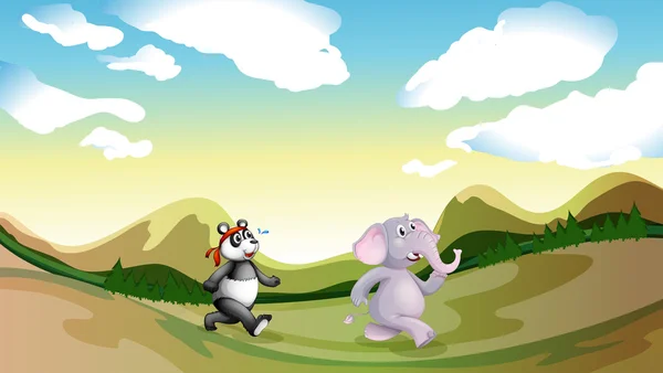 Panda a slon chodit po horách — Stockový vektor