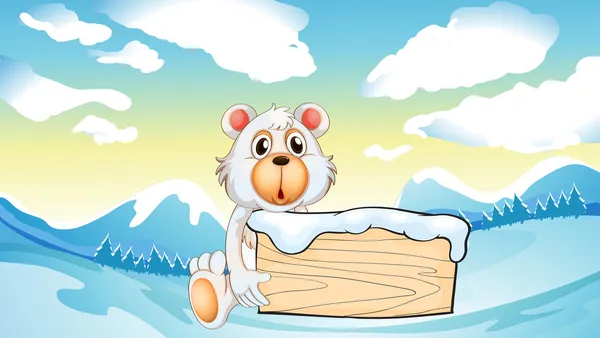 Медведь держит пустую деревянную доску на снежной горе — стоковый вектор