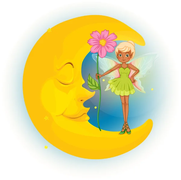 A fairy holding a flower and a sleeping moon — Stock Vector