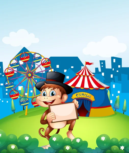 Un mono sosteniendo un marco frente al carnaval — Vector de stock