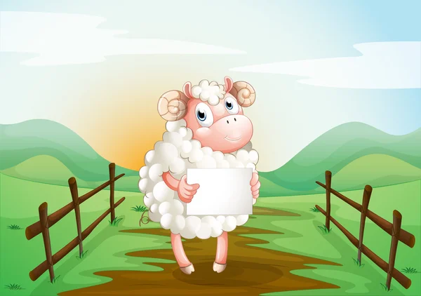 Un mouton tenant une signalisation vide à l'intérieur de la clôture en bois — Image vectorielle