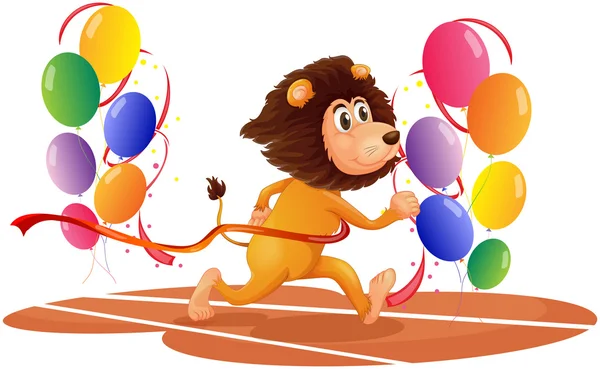A lion running with colorful balloons — Stock Vector