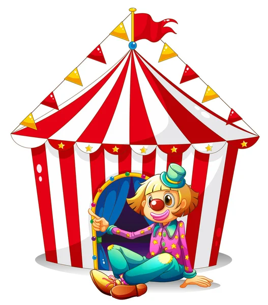 A clown sitting in front of a red circus tent — Stok Vektör