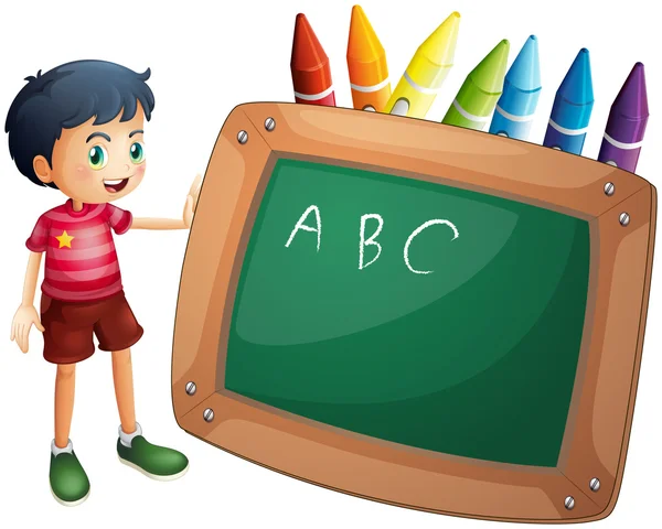 A boy holding the blackboard with crayons at the back — Stock Vector